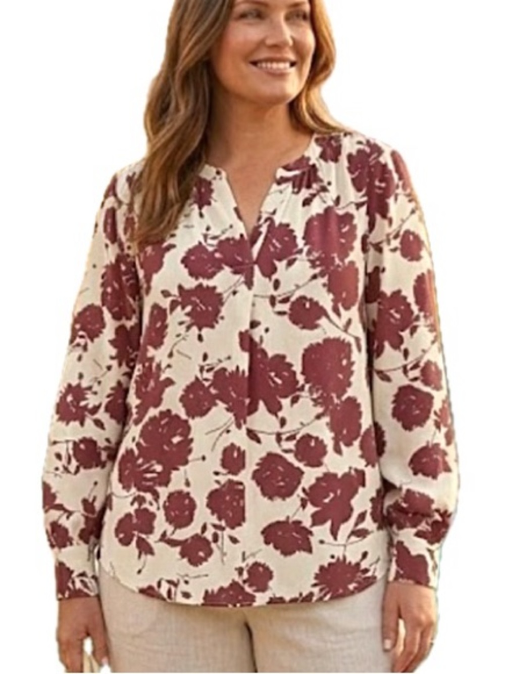 Simply Vera Vera Wang Floral Print Long Sleeve Blouse Size Large Split Neck